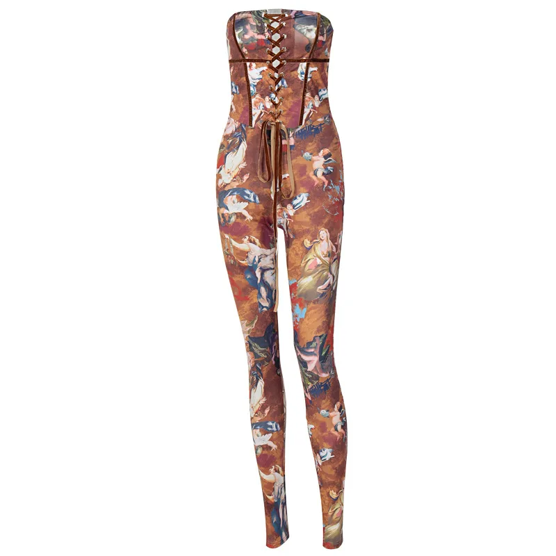

European and American women's new 2021 spring and summer strappy sleeveless one-shoulder sexy fashion printed jumpsuit slim fit