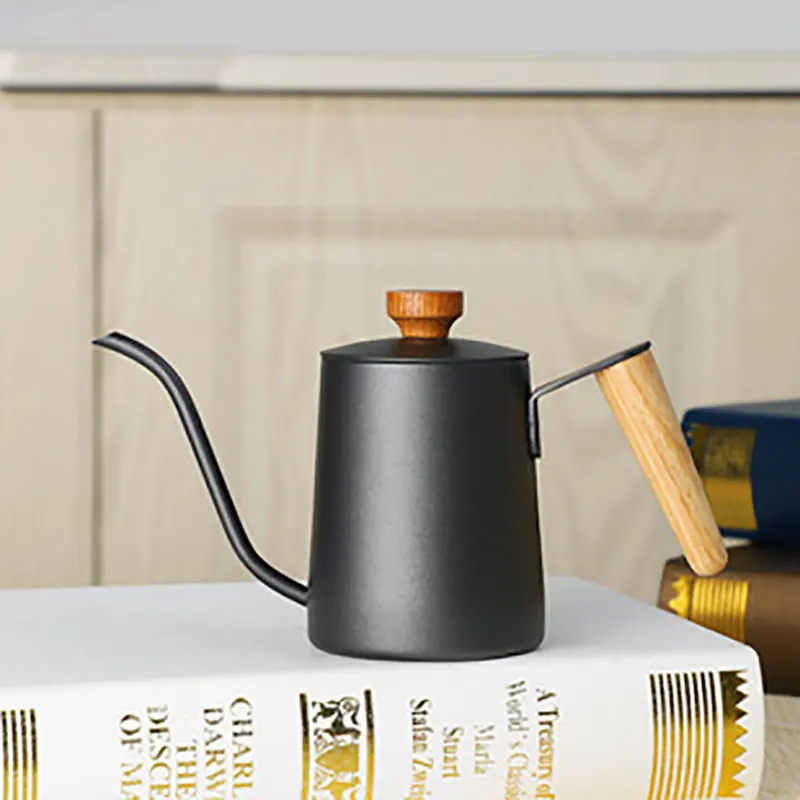 

Household Hand Coffee Maker Thin Neck Hanging Ear Kettle Swan Pot Wooden Handle with Lid 304 Stainless Steel Coffee Pot 350ml