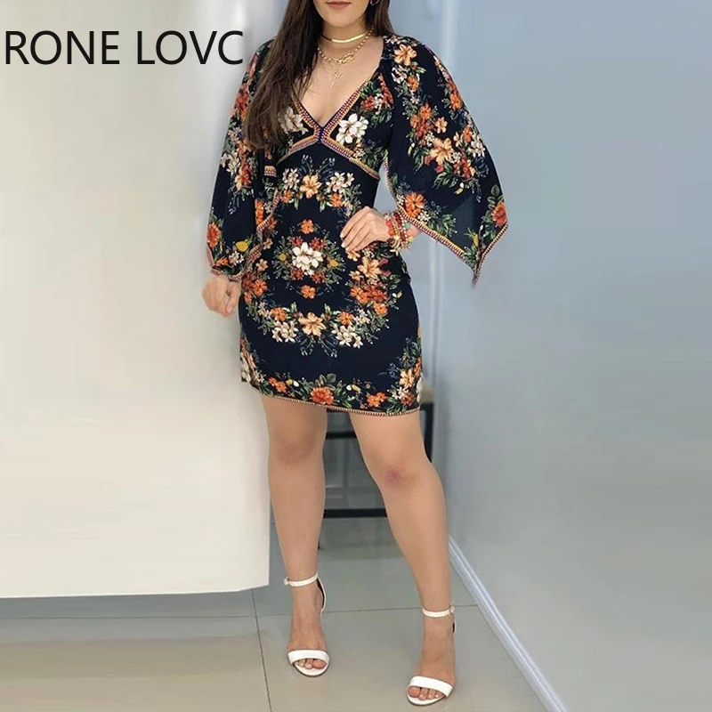 Женское платье-мини с длинным рукавом цветочным принтом и глубоким V-образным