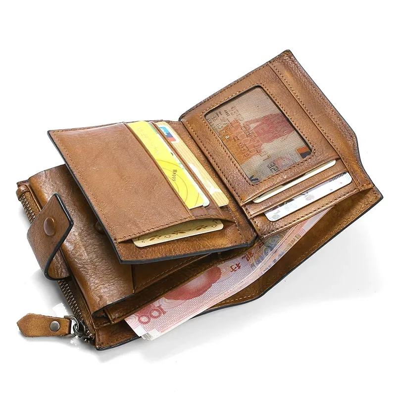 

Vintage Unisex Designer Genuine Leather Men's Short Hasp Purse Male Trifold Wallet Natural Cow Skin Women's Card Holders For Man