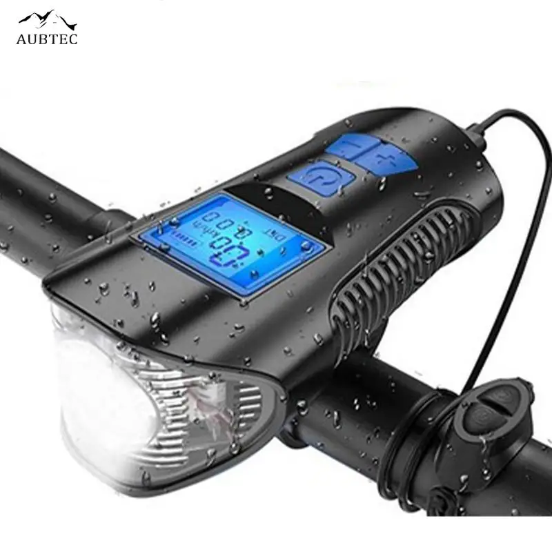 

Комплект велосипедных фонарей AUBTEC, водонепроницаемый светодиодный велофсветильник рь со спидометром, IP65, с гудком, ЖК-дисплеем, зарядка чер...