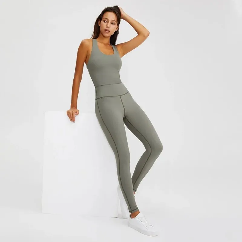 

One-Piece Fitness Sports Set Women Air Yoga Sexy Cross Back Tight Jumpsuit Gym Running Training Workout Suit With Chest Pad