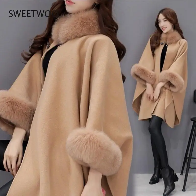 

Winter Clothes New Korean Version of The Fox Fur Collar Mid-Length Woolen Woolen Coat Temperament Cloak Shawl Coat Women