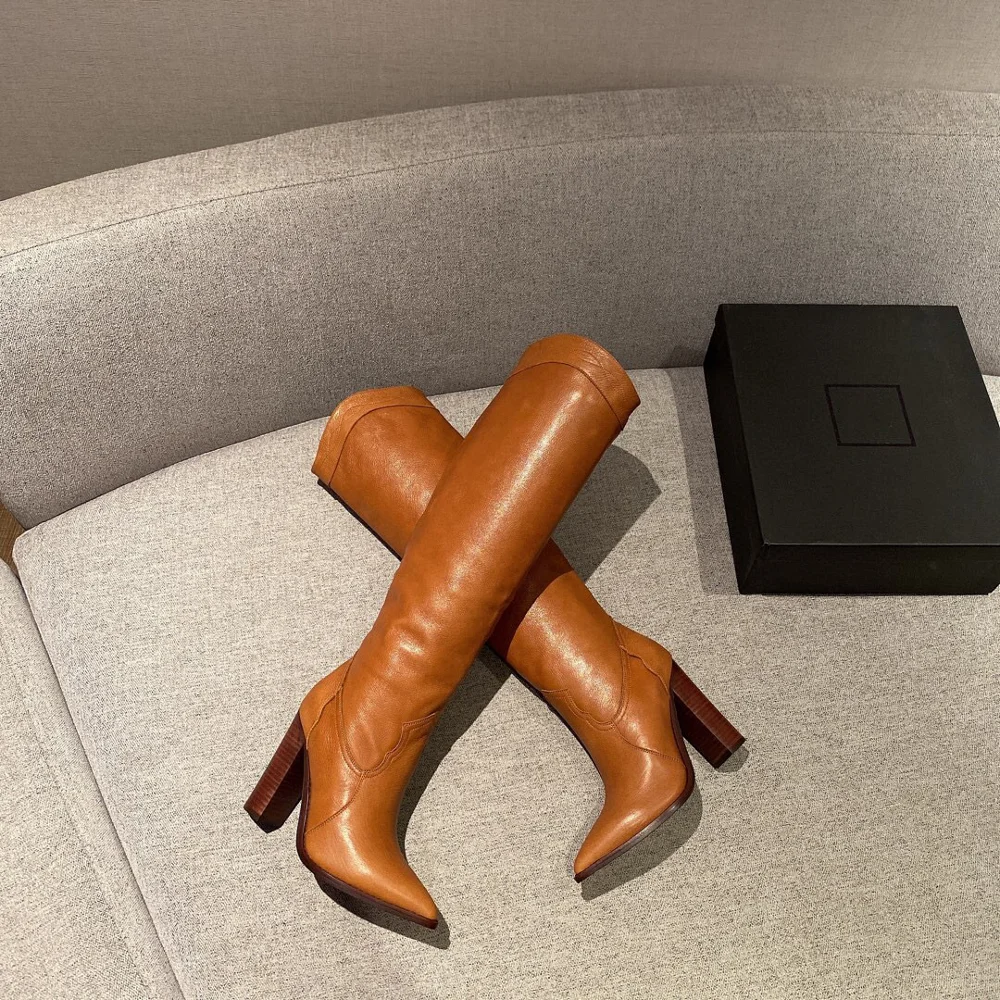 

Prowow Hot Sale Winter Shoes Women Knee High Genuine Leather Women Boots High Heels Pointed Toe Slip On Women Boots