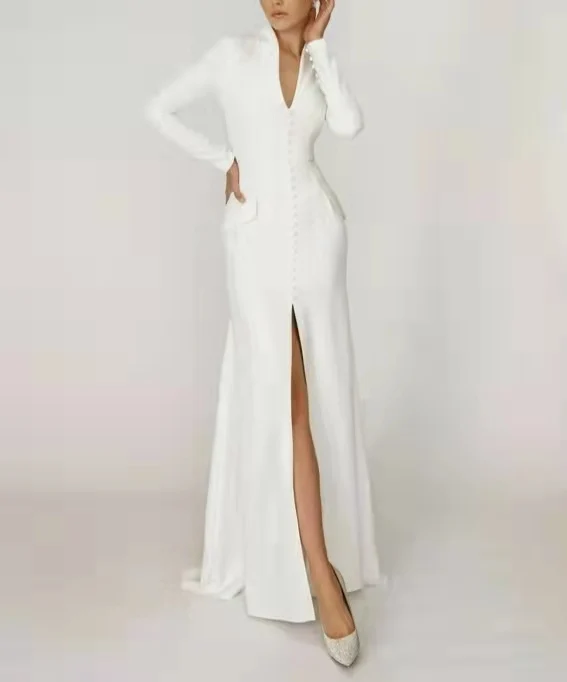 

Elegant Satin Mermaid Long Sleeve Wedding Dresses with Slit Floor Length Pleated V-Neck Abendkleider Maxi Bridal Gowns for Women