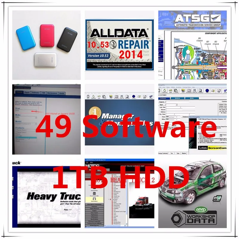 Лидер продаж 2022, программное обеспечение Alldata v10.53, яркая мастерская, мотоцикл, тяжелый грузовик, 49 в 1 Hdd, 1 ТБ, руководство по ремонту автомобиля