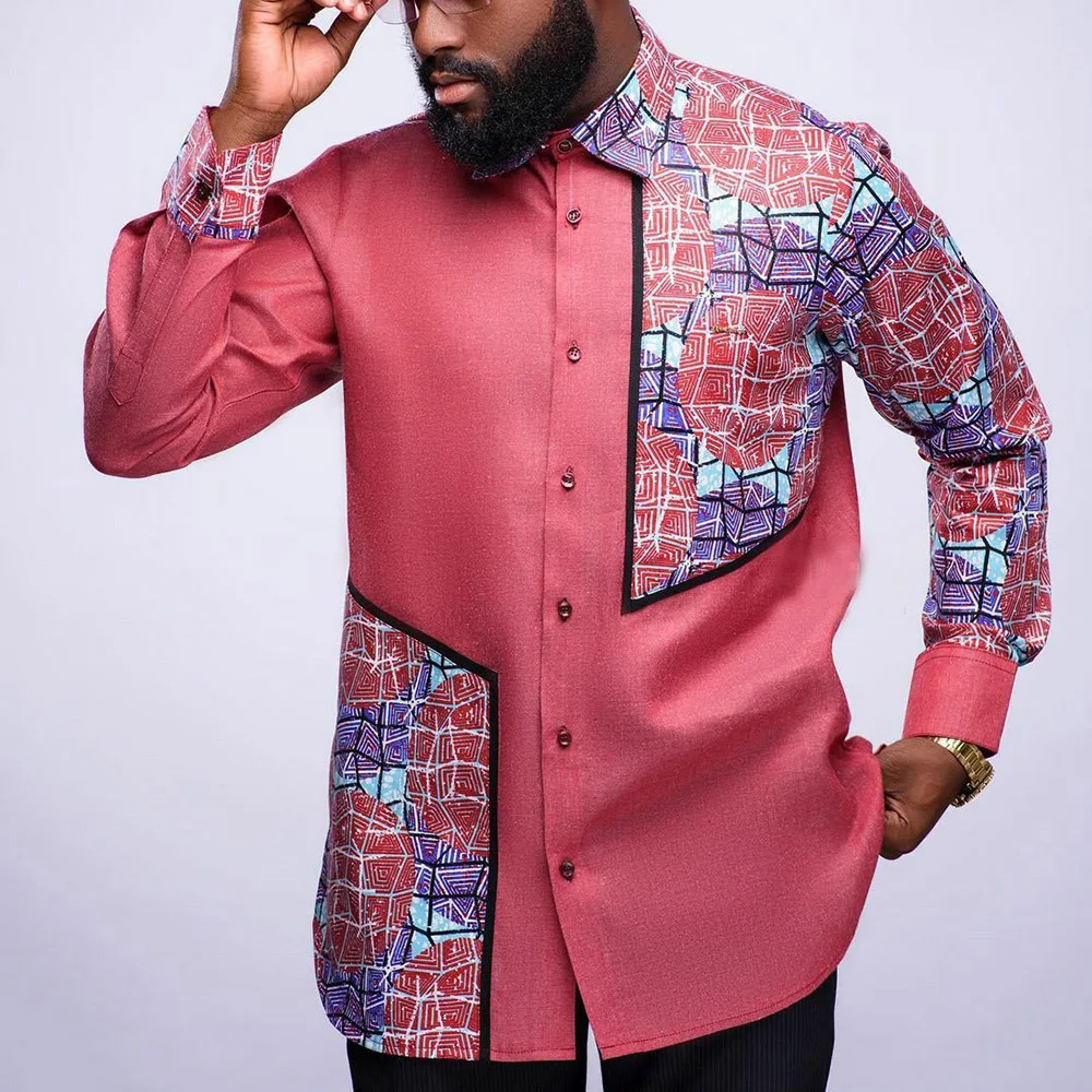 

2021 Fashion Fall Muslim Clothing Men's Shirt Africa Map Long Sleeve Print Fashion Color Block Top Men