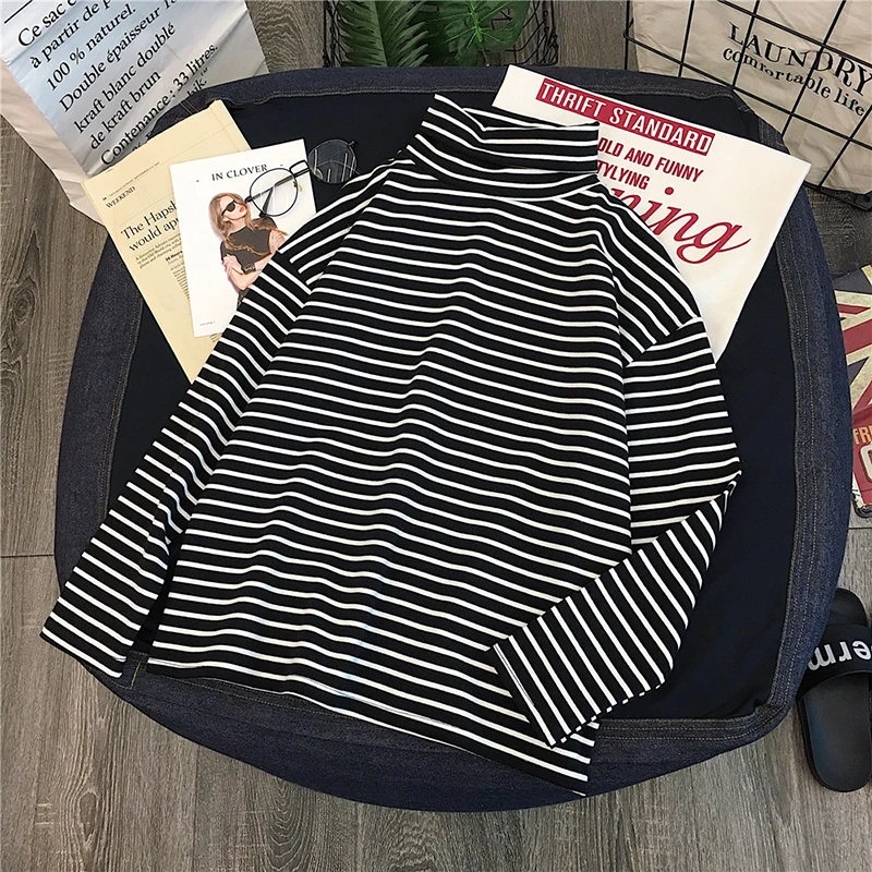 

T-shirts Women Long Sleeve Loose Striped Solid Turtleneck Womens T-shirt All-match Simple Leisure Korean Style Trendy Chic Soft