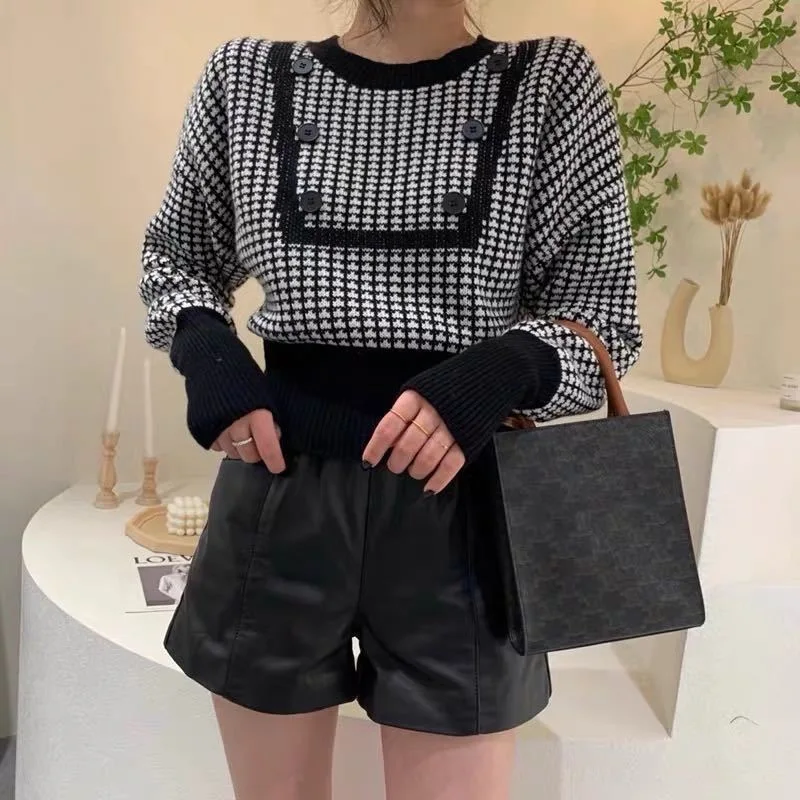 

Зимний вязаный женский свитер свободные пуловеры с длинными рукавами-фонариками женские толстые топы с круглым вырезом клетчатые Модные П...