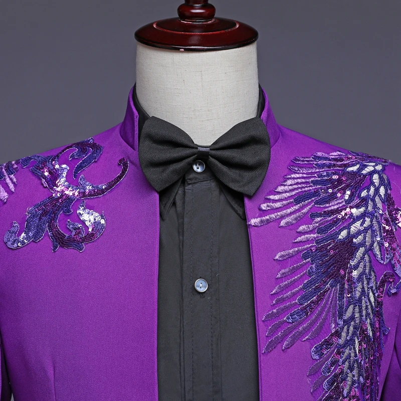 Мужской костюм для банкета со стразами и вышивкой в виде перьев выпускного