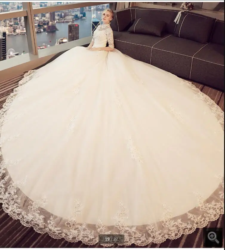 

Robe de soiree 2021 white tulle ball gown wedding dress beaded high neckline lace appliques half sleeve modest bridal gowns