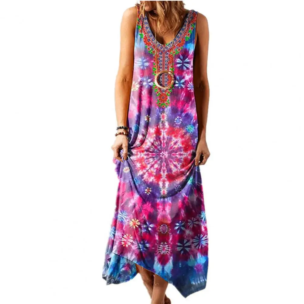 

Bohemian Sundress Ethnic Print Women Long Dress Sexy V Neck Sleeveless Dress for Women Large Hem Loose Maxi Dress Beach Dress