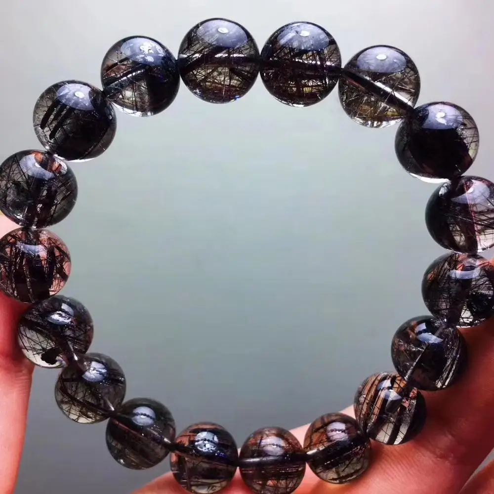 

Natural Black Rutilated Quartz Crystal Bracelet Women Men Clear Round Beads 11.7mm Wealthy Stone Bracelet From Brazil AAAAA