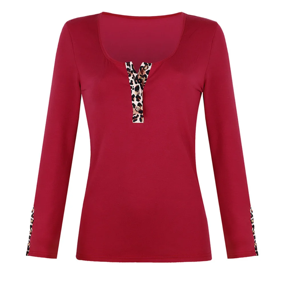 

blouse women Sexy Leopard Button Scoop Neck Long Sleeve Slim Cotton Shirt Blouse blusas mujer de moda 2020