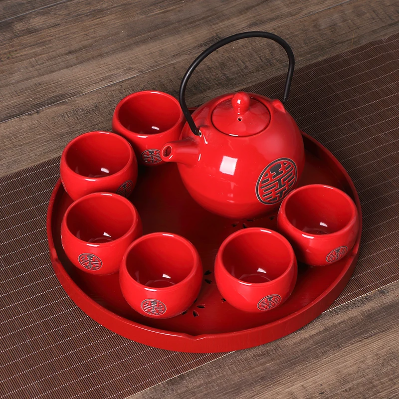 Chinese traditional wedding ceramic tea set Red Double Happiness Teapot Newlywed Gift Home Tea Set Accessories WSHYUFEI