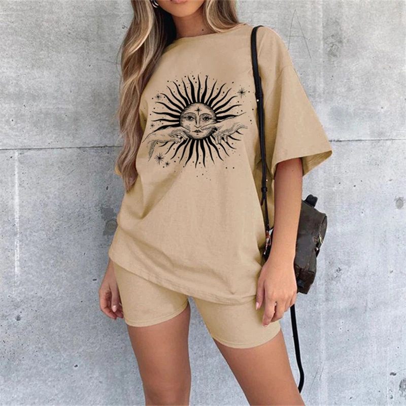 

Harajuku Round Neck T-shirt Women Michelangelo Hand Sun Printed Pure Cotton Short-sleeved Loose Wild Short-sleeved Tops