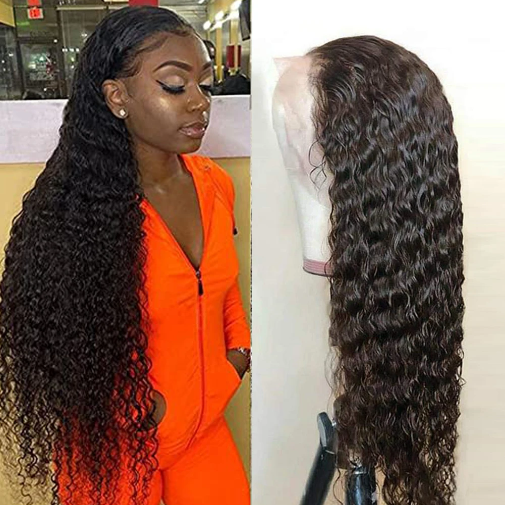

RONGDUOYI Deep Wave Lace Front Wigs High Temperature Fiber Glueless Synthetic Hair Black Color Curly Wig With Natural Hairline