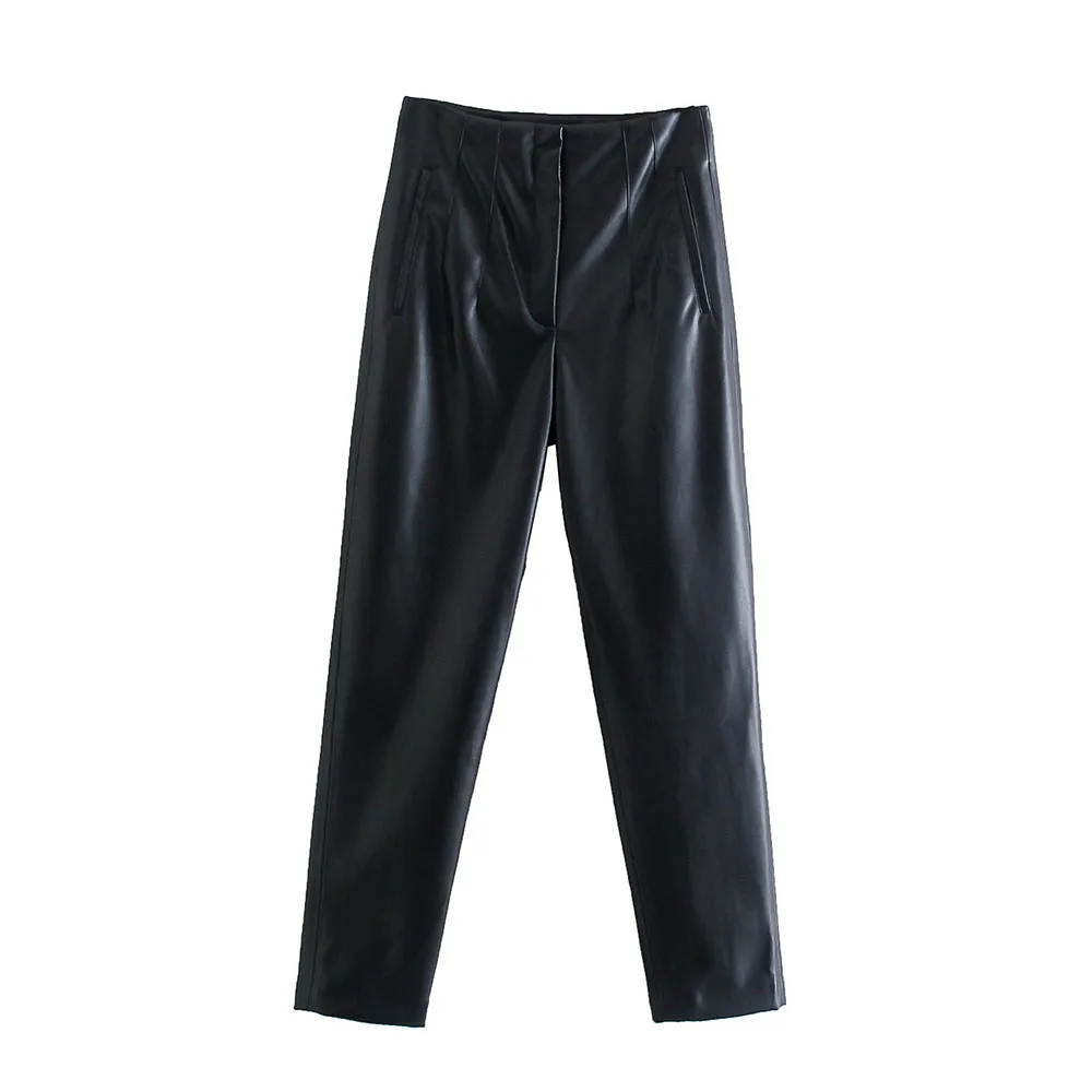 

Willshela женские модные брюки из искусственной кожи с высокой талией винтажные повседневные женские брюки из искусственной кожи с молнией спе...