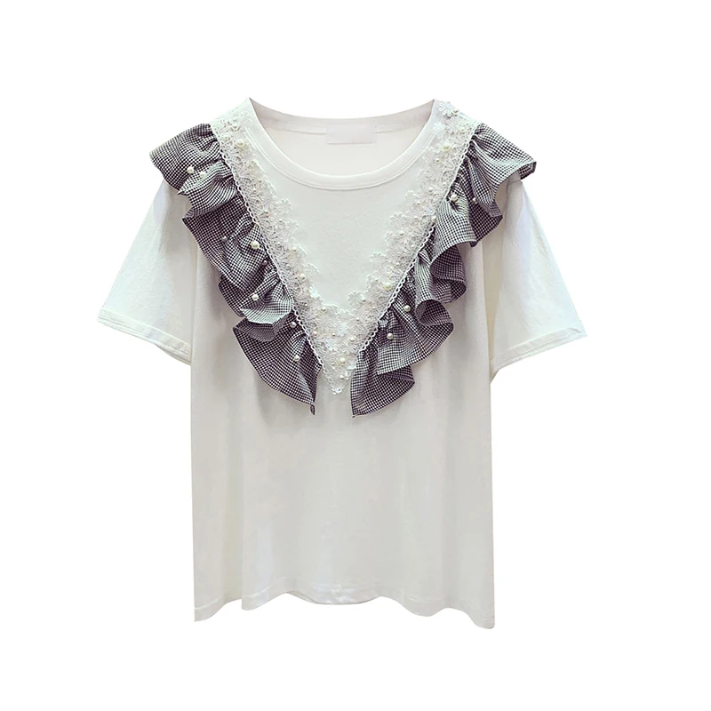 

Women's O Neck Short Sleeves Lace Beading Ruffles T-Shirt Tee 2021 Summer Girls Female Pullover Casual Tops Tees A2692