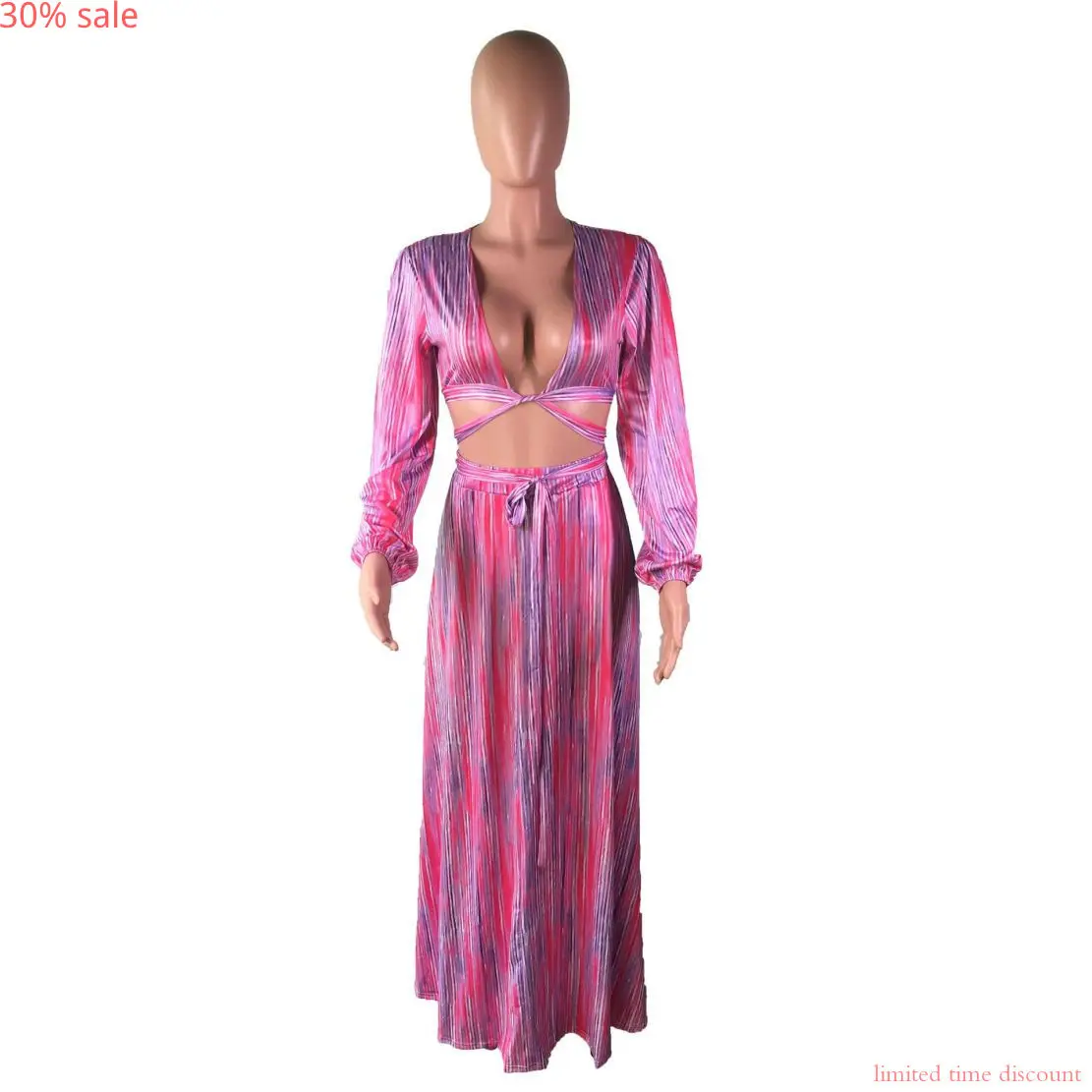 Two Piece Skirt Set Women 2020 Summer Stripes Print Lace Up Long Sleeve Crop Top Maxi Skirts Suit 2pcs Sexy Tracksuit Outfit |