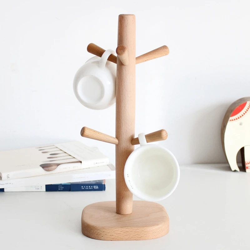 Tree Shape Wood Coffee Tea Cup Storage Holder Stand Home Kitchen Mug Hanging Display Rack Drinkware Shelf with 6 Hooks-Square Ba |