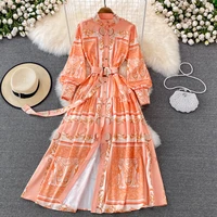 merchall spring summer elegant maxi dress 2022 runway design women flower print stand collar lantern sleeve party dresses m62109