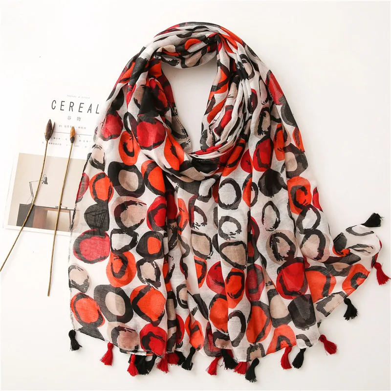 

2022 Spain Luxury Brand Polka Dot Stone Tassel Viscose Scarf Women Print Shawls and Wraps Pashmina Stole Muslim Hijab 180*90Cm