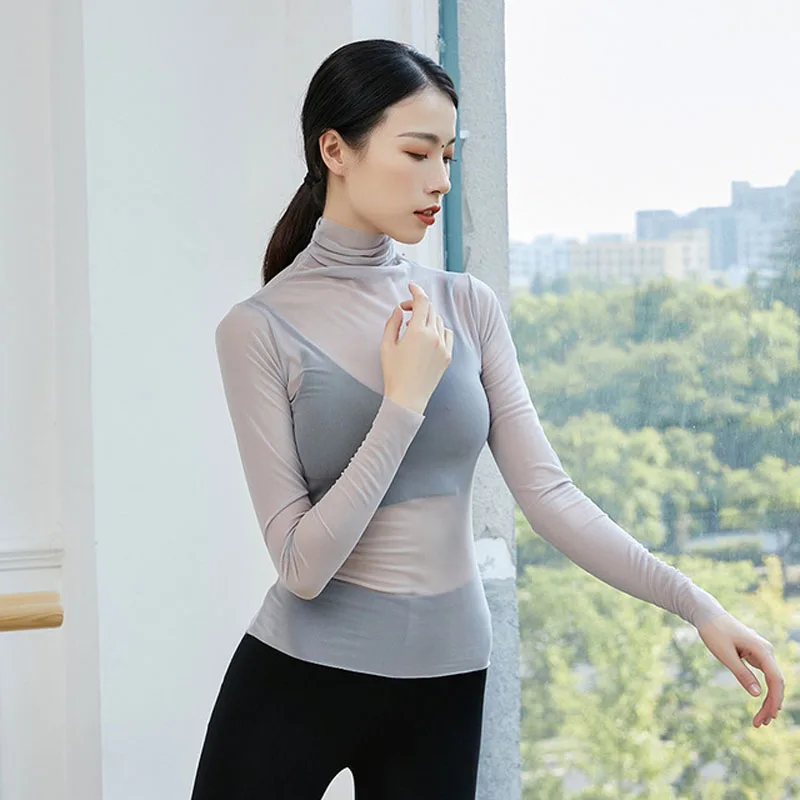 

Ballet Tops Adults High neck Nylon Mesh Tops T-Shirts Practice Clothes Sexy Transparent Women Classical Dance Clothes