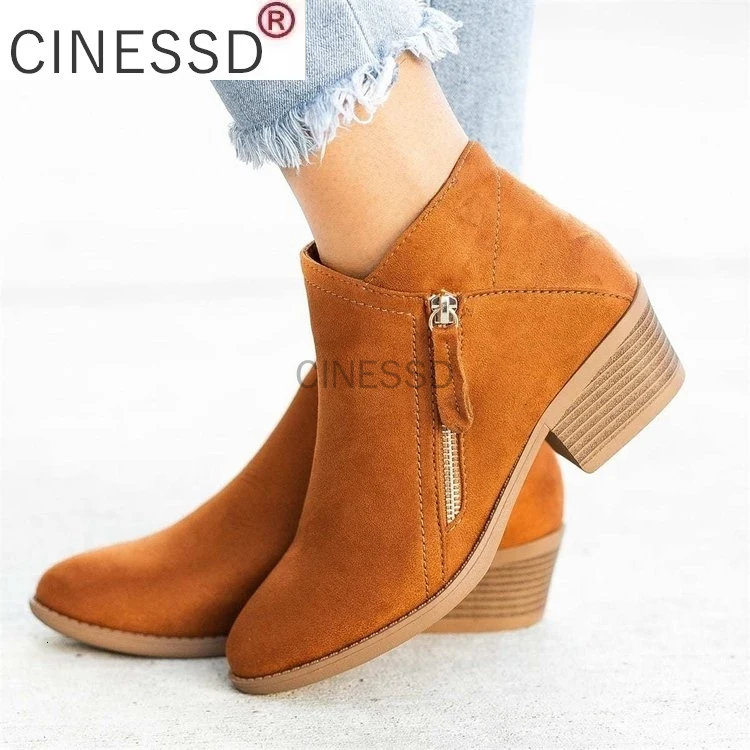 

ankle boots for women casual shallow slip-on pointed toe low heels shoes woman big size pu leather zapatos de mujer