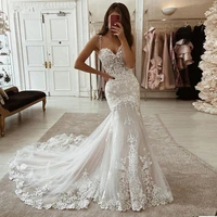 white ivory mermaid wedding dresses lace appliques sweetheart spaghetti straps bridal gowns with long train vintage 2021