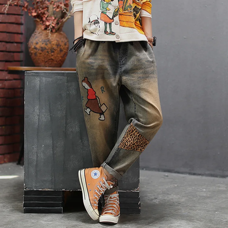 Женские джинсы осень ретро эластичная талия Свободные повседневные джинсовые