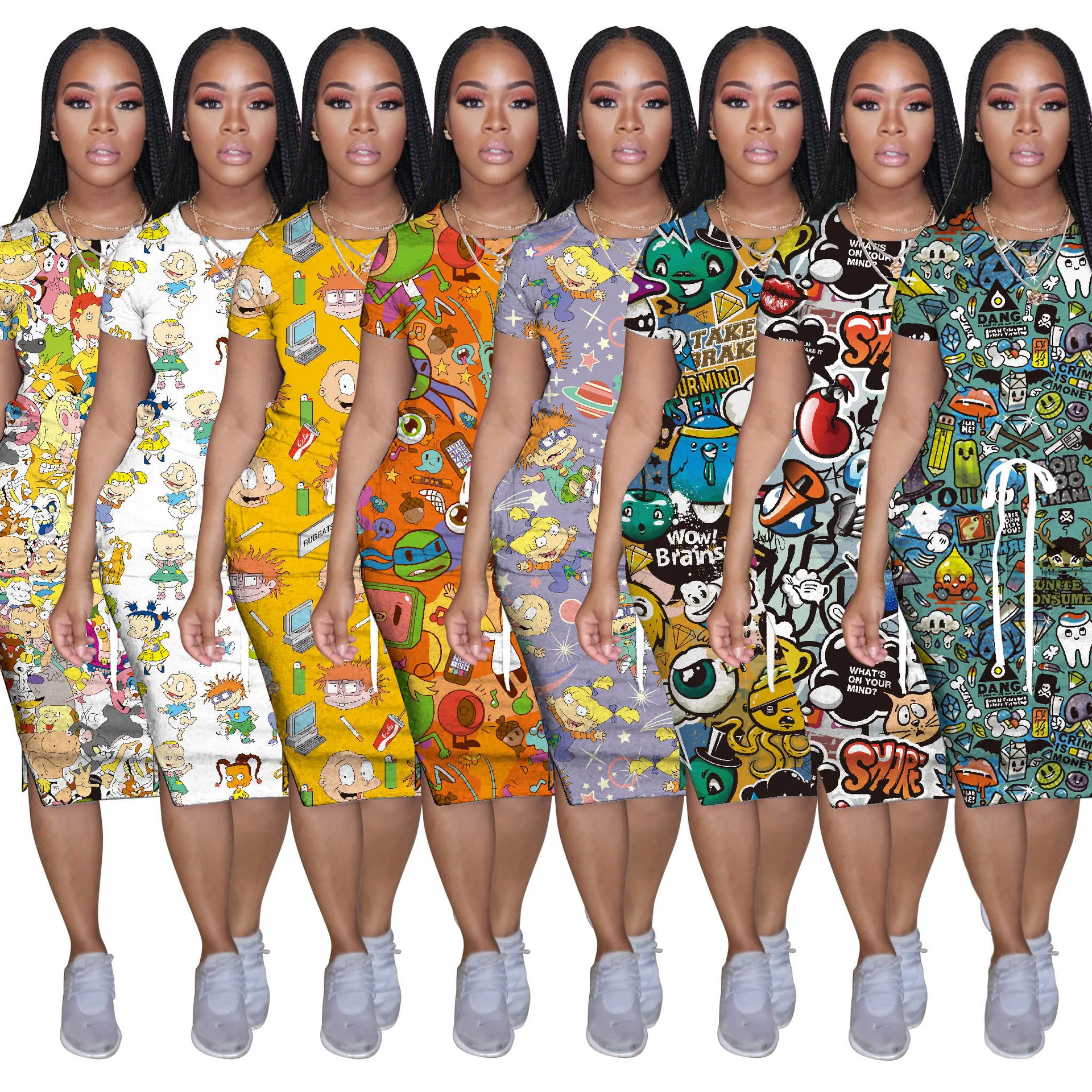 

Women's Summer Fashion Casual Printed O Neck Short Sleeve Straight Mid Dress