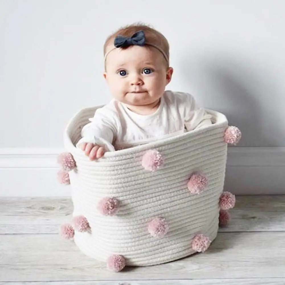 Pomp&oacute;n de punto de cuerda de algod&oacute;n de moda, cesta de seguridad para lavander&iacute;a, Cubo de almacenamiento de juguetes, utiler&iacute;a para fotos-0