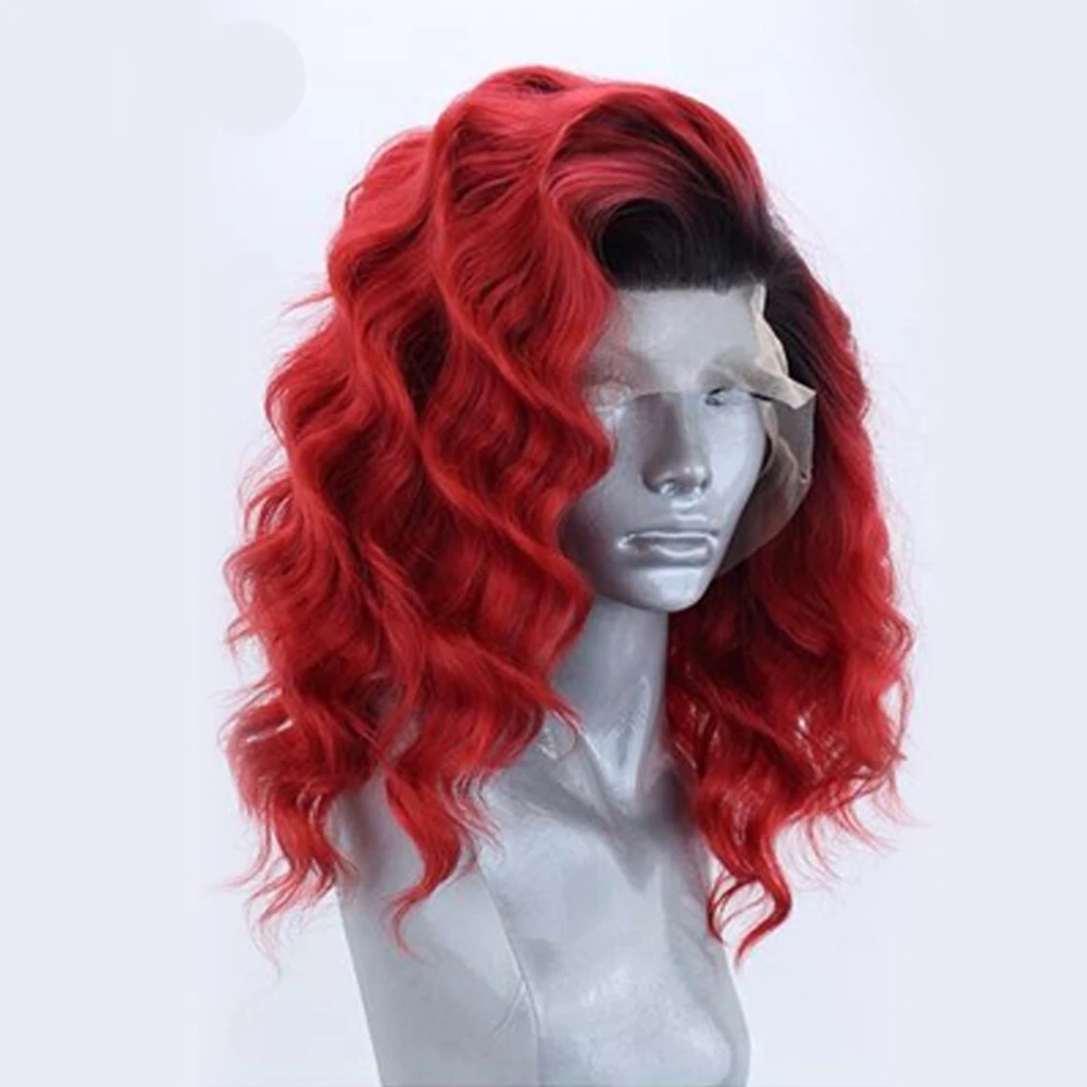 Websterwigs Омбре красный короткий парик из синтетических волос с волнистым кружевом