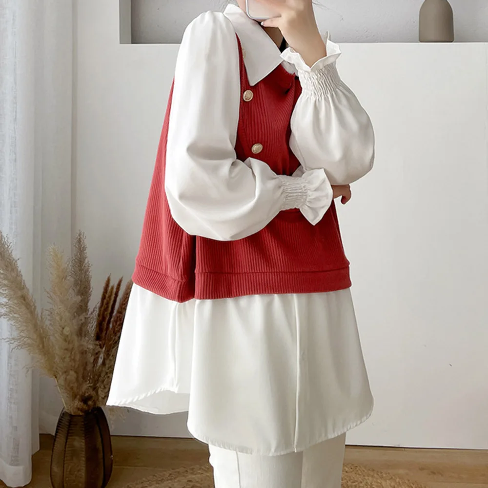 

Blouse Women 2021 Japan New Splicing Stitching Shirt Fake Two-piece Female Loose Lapel Long Sleeve Fashion Tops Spring