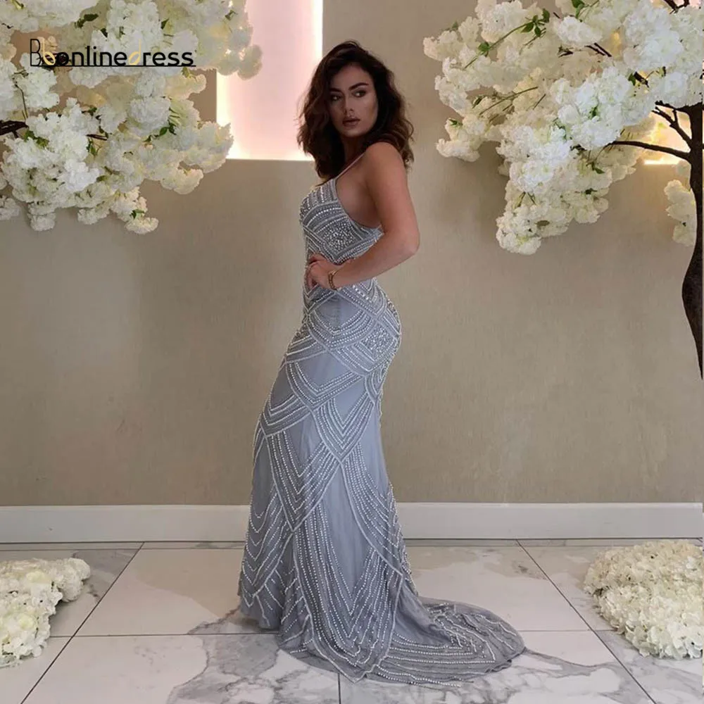 Bbonlinedress серебряные бретельки Вечерние платья Длинные Кристаллы бусины