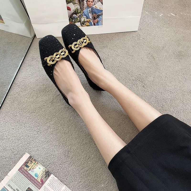 

Women Flat Shoes 2021 New Fashion Design Gold Chain Metal Decoration Slip On Office Loafers Ladies Black Elegant Low Heel Flats