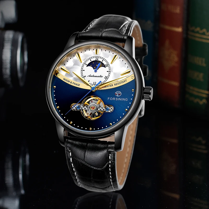 Forsining Tourbillon автоматические мужские часы Moonphase синий дизайн натуральная кожа
