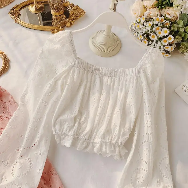 

2021 Crop Tops For Women Solid Lace Patchwork OL Blouses Spring Hollow Out Shirts Blusas Chemisier Femme Mujer Tees S138