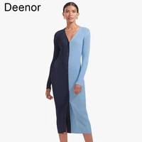 deenor womens dresses autumn commuter v neck color blocking button high waist split slim long dress basic female dress