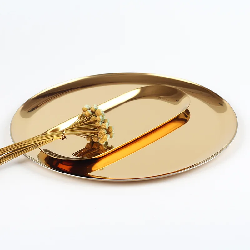 

Golden Storage Tray Stainless Steel Fruit Tray Metal Round Tea Tray Decoration Candy Dish Kitchen Serving Platter