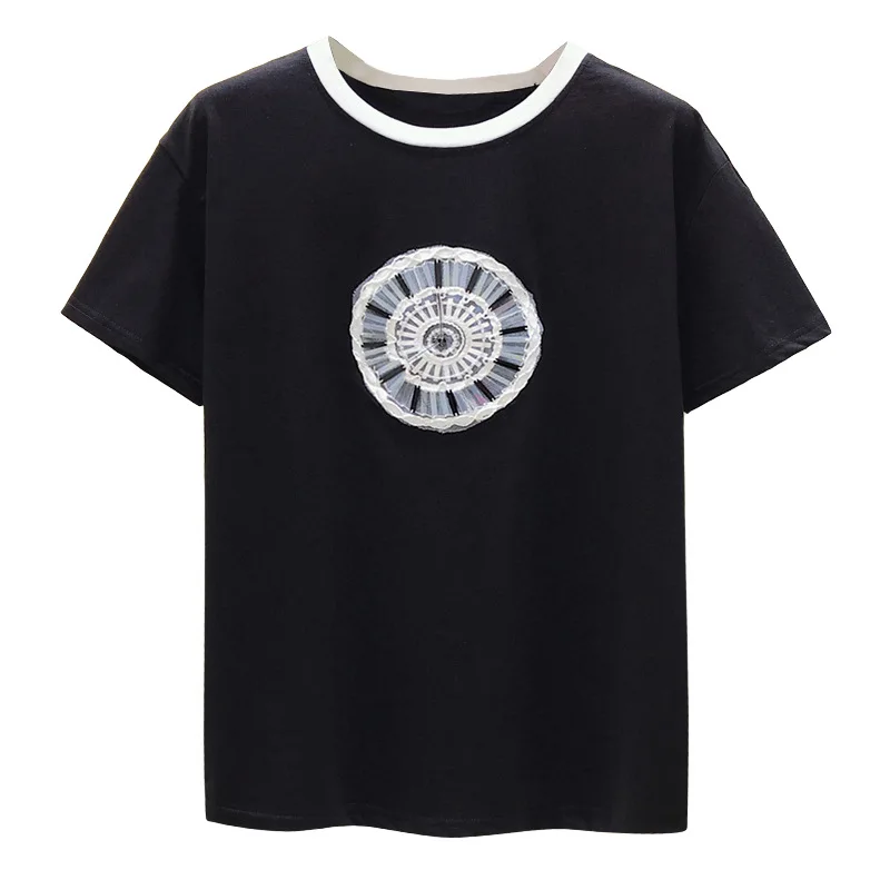 

100%Cotton Embroidery Beaded T Shirt Women Clock Pattern White Harajuku TShirt Vogue Tops Plus Size Tee Shirt Femme Vogue Summer