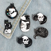 witch cat pins black and white yin yang moon and star hugging cat sleeping kitty brooch witchcraft jewelry gift magic lapel pins