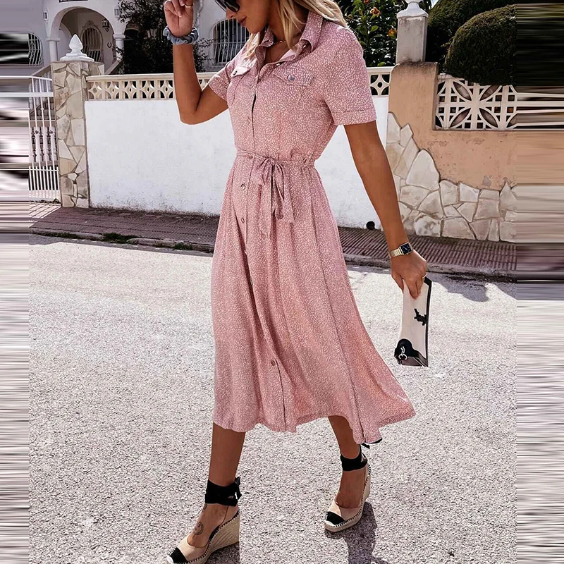

Spring Summer Elegant Women Turn-down Collar Print Office Lady Shirts Dress Casual Short Sleeves Buttons Cardigan A-line Dresses