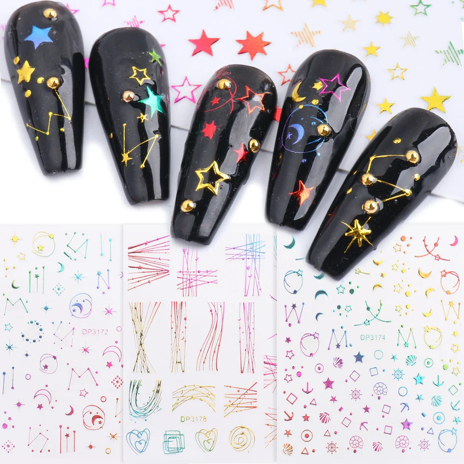 

3D Self-Adhesive Jewelry Manicure Decoration Geometric Line Stickers Decal Starry Sky Moon Smile Face Nail Sliders