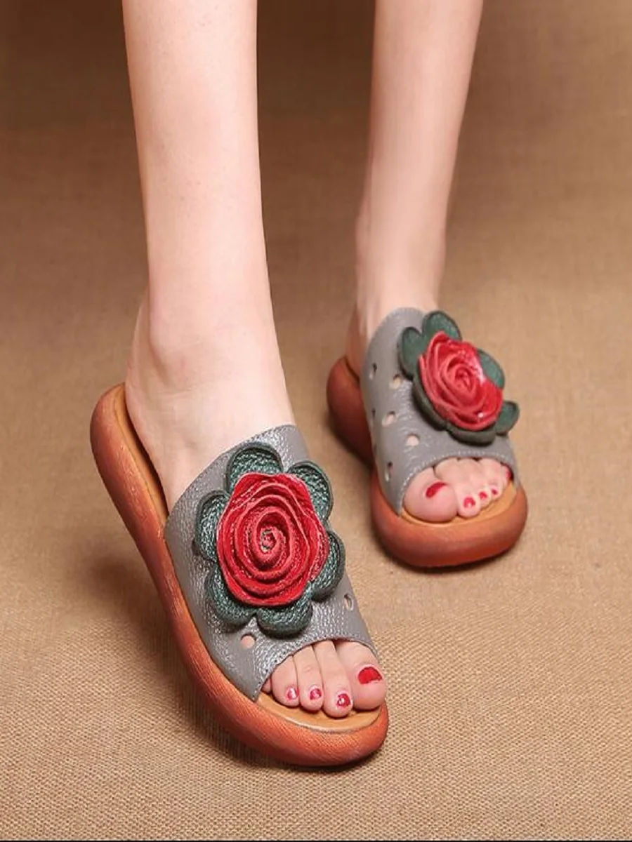 RUSHIMAN 2023 Woman Genuine Leather Shoes For Woman Slippers Slip-On Outdoor Slippers Women Shoes Flat with Sandals Floral