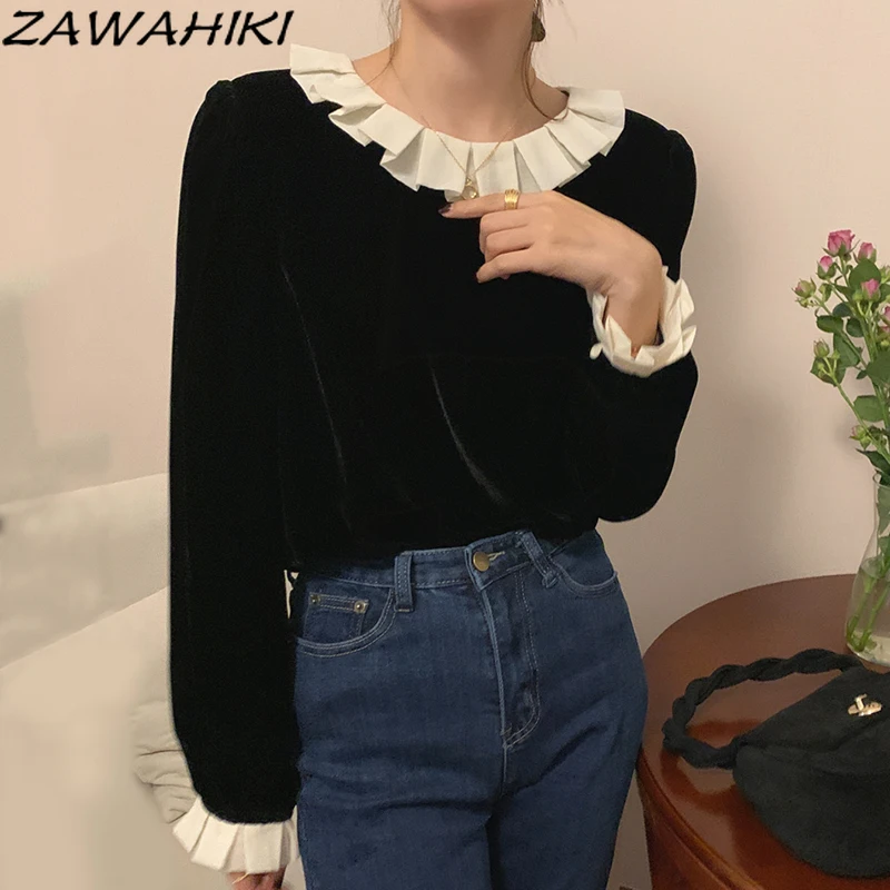 

Корейские осенне-зимние блузки zawhiki, Женская французская плиссированная Свободная рубашка с круглым вырезом и длинным рукавом, черные готи...