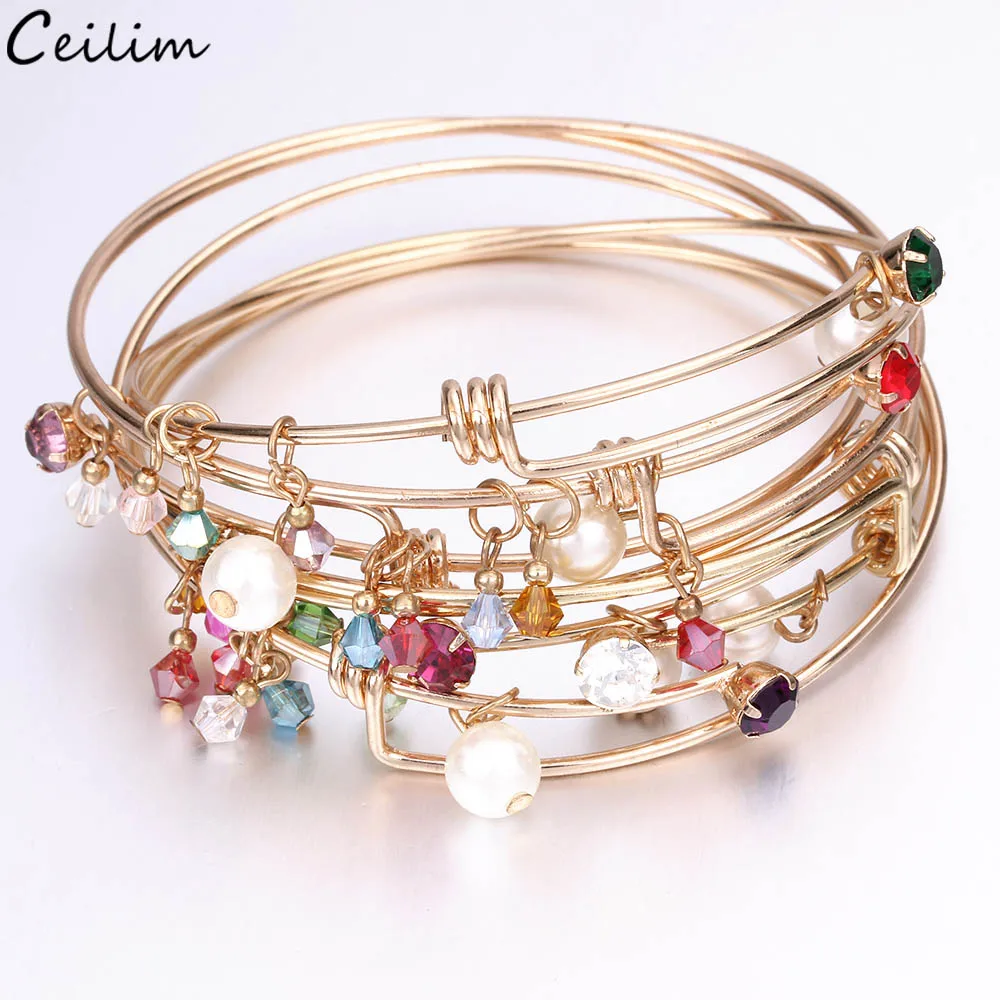 

5pcs/lot Wholesale 2022 New Gold Color Expandable Cable Wire Bangle Crystal Charm Cuff Bracelets for Women DIY Handmade Jewelry