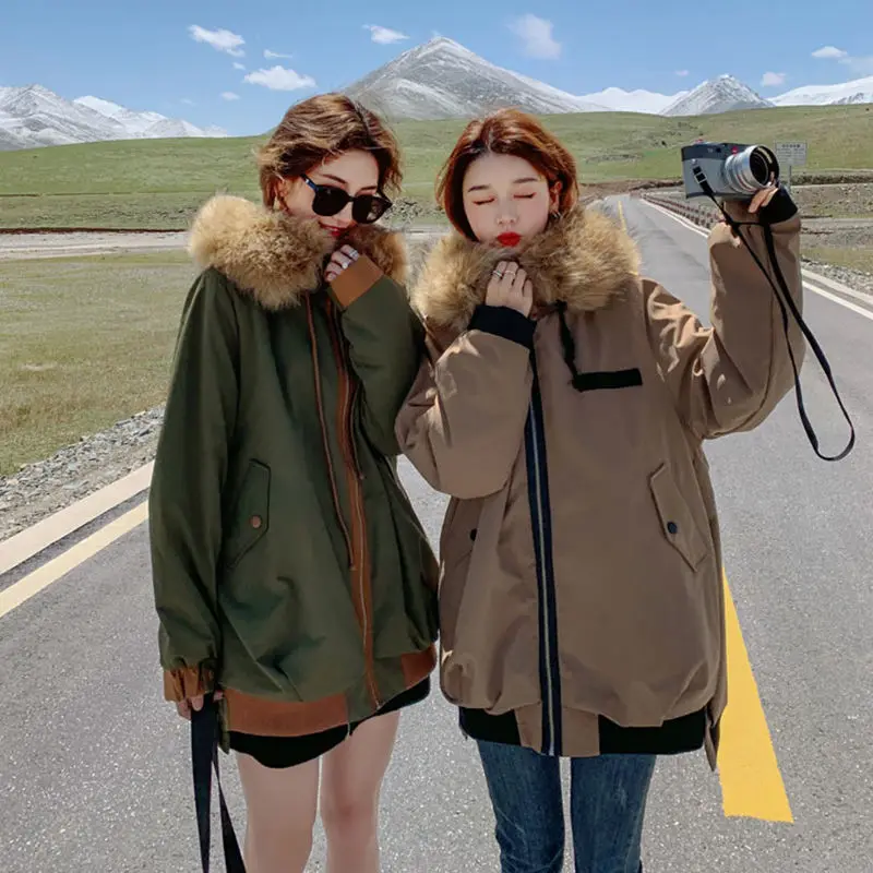 

Winter Hot New Style Japanese Korean Tooling Padded Jacket Women Casual Loose Plus Velvet Thick Warm Pie Overcoming Padded Coat
