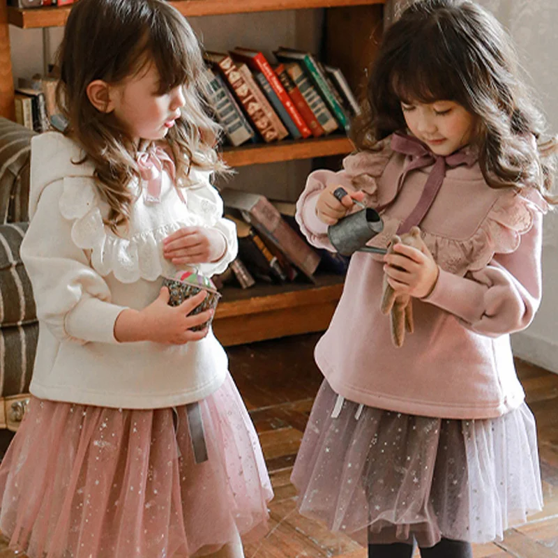 

2022 Spring New Children's Tops Girls Sweet Lantern Long Sleeve Hooded Hoodie Cute Lace Bow Warm Loose Fashion Children's Wear